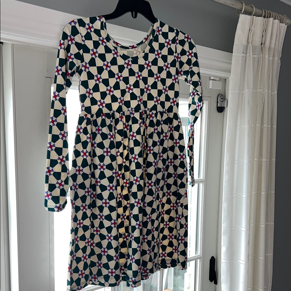 Hanna Andersson Cream Dress with Green & Pink Geometric Print
